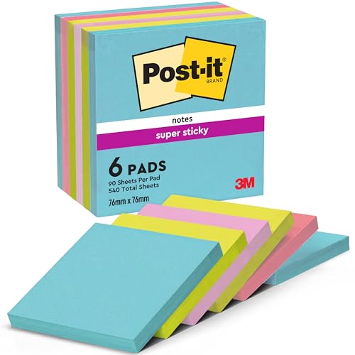 Post-It Notas Super Sticky Colección Cosmic, Paquete de 6 Blocs de Notas, 90 Hojas por Bloc, 76 mm x 76 mm, - Para Listas de Tareas y Recordatorios