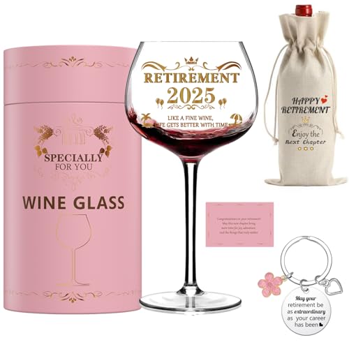 GALOFAY 2025 Retirement Gifts for Women, Personalized Art Words Red Wine Glass Set, Pink...