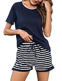 Litherday Schlafanzug Damen Kurz Baumwolle Pyjamas Set Nachtwäsche Set Zweiteiliger mit Damen Pyjamahose und Shirt Rundhals Elastischer Bund Taschen Sleepwear Sommer