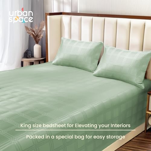 Image of Urban Space 100% Cotton 300TC Jacquard Fitted bedsheets for King Size Bed, Pure Cotton Bedsheet King Bed, Checks Fitted bedsheet King Size with 2 Pillow Covers (72 x 78 Inches, Sage Green Checks)