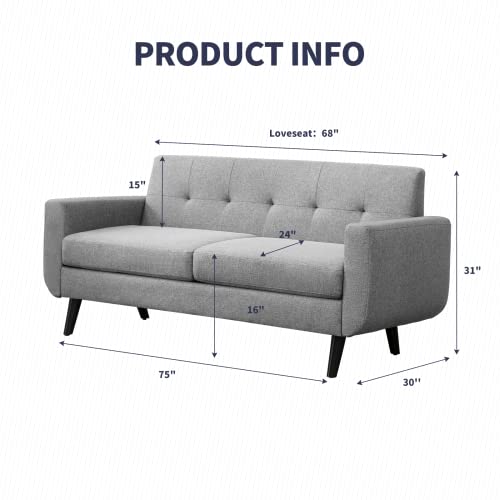 Zafly 68" Futon Sofa Modern Love Seat Sofa Button Tufted Upholstered Loveseat Couch Furniture With 5.9" Upholstered Cushion For Living Room Bedroom Office Apartment, 2-Seat (Light Gray) #TOP1