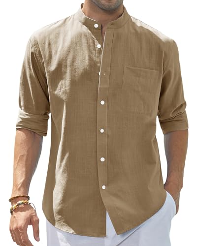 J.VER Mens Linen Shirt Casual Long Sleeve Mandarin Collar Shirt Loose Fit Beach Tees with Pocket Dark Khaki X-Large