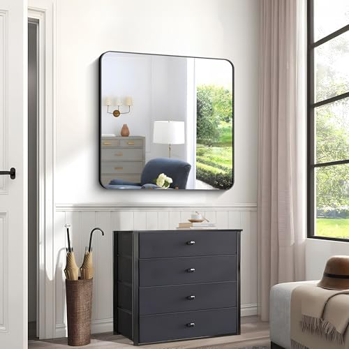 Image of Black Bathroom Mirrors for Wall, 30 inchx30 inch Square Mirror, Rounded Corner Metal Frame Wall Mirror, Bathroom Vanity Mirror for Bedroom Living Room Entryway Horizontal Or Vertical Mounting