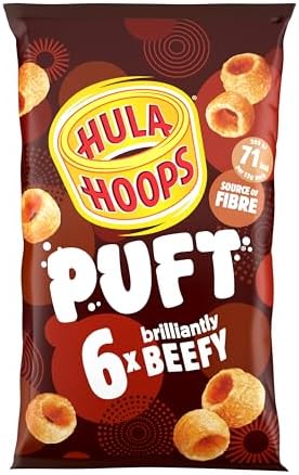 Hula Hoops PUFT - BEEF Multipack 6 x 15g Bags - Deliciously light and crispy puffed hula hoops - Completely free from artificial flavours, colours and MSG, Suitable for Vegetarians