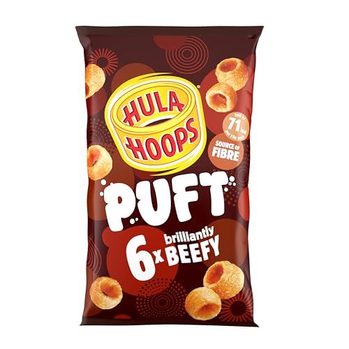 Hula Hoops PUFT - BEEF Multipack 6 x 15g Bags - Deliciously light and crispy puffed hula hoops - Completely free from artificial flavours colours and MSG Suitable for Vegetarians