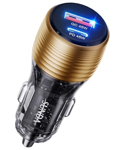 SUNDA 90W USB C Fast Car Charger, 2-Port Car Adapter, PD45W/QC45W QC 3.0 Phone Charger for iPhone 16/15 Pro/Max/iPhone 14/Laptop/Galaxy/Samsung S24/S23 (Gold)