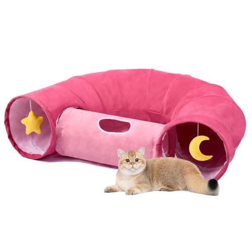 Image of Cat Tunnel, Large Indoor Durable Collapsible Interactive Cat Tube with Peek-A-Boo Hole, Hanging Toys, and Crinkly Paper Lining - Cute Tunnel for Cats, Kittens, Puppies & Rabbits, Pink