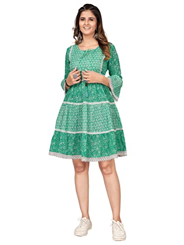 Image of Vbuyz Women's Cotton Print & Lace Work Flared Stitched Dress