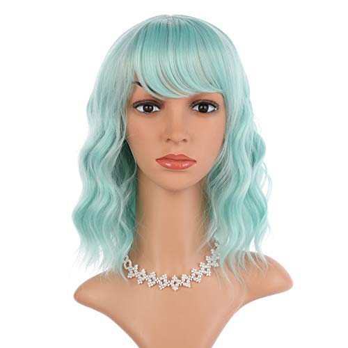 Enilecor Short Wavy Mint Green Wig With Air Bangs,12" Curly Bob Wig For Women,Shoulder Length Fun Wigs Synthetic Colorful Wigs For Daily Cosplay #TOP1