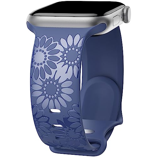 Image of Sunflower Engraved Band Compatible with Apple Watch Bands 38mm 40mm 41mm 42mm 44mm 45mm 49mm Women, Designer Soft Glossy Floral Silicone Strap for iWatch Series Ultra 11 10 9 8 7 6 SE 5 4 3 2 1