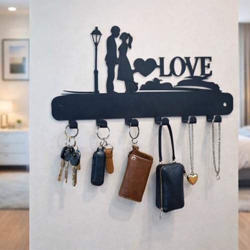 Image of Metal Key Holder for Home | 7 Hook Decorative Key Hanger Wall Mounted | Rust Free Powder Coated Key Rack | Stylish Entryway, Kitchen, Hallway Wall Decor & Key Rack Organizer Gift