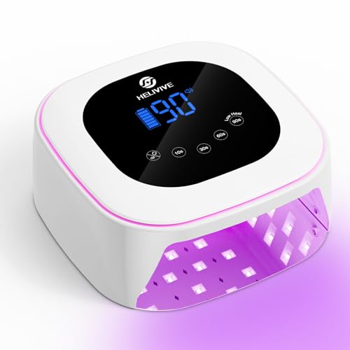 HELIVIVE Cordless UV LED Nail Lamp, 80W Rechargeable Nail Dryer with 4 Timers, Atmosphere Light & Mirror Base, UV Light for All Gel Nails, Ideal for Training,Nail Art Practice,Home & Salon Use (White)