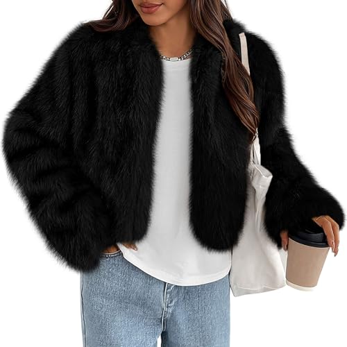 PRETTYGARDEN Womens 2025 Winter Coats Fluffy Cropped Faux Fur Jacket Long Sleeve Open Front Shaggy Outerwear Trendy Clothes (Black,Large)