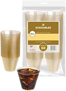 STACKABLES ~ Pack of 50 9oz Gold Glittered Plastic Cups ~ Clear Tumbler with Gold Glitter ~ Reusable Elegant Party Cup Set