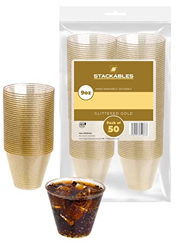 STACKABLES ~ Pack of 50 9oz Gold Glittered Plastic Cups ~ Clear Tumbler with Gold Glitter ~ Reusable Elegant Party Cup Set