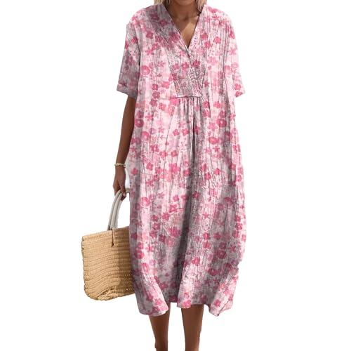 Akivide Womens Summer Oversized Boho Floral Print V Neck Midi Dress Loose Casual Long Dresses with Pockets