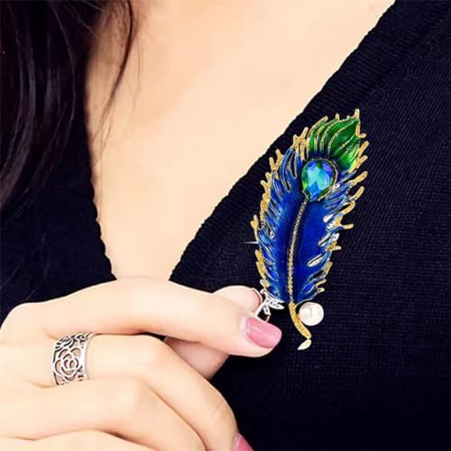 Image of Rhinestone Feather Brooches for Women Men,Vintage Animal Peacock Pin Gold /Silver /Blue / Crystal Diamond Lapel Pins Fashion Enamel Feather Leaf Brooch Elegant Dress Coat Pin Decor Wedding Christmas Birthday Jewelry