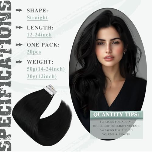 Image of Ve Sunny Hair Tape in Hair Extensions Natural Black | Real Human Hair Extensions Tape ins,Adhesive Skin Weft,for Daily Use,12Inch 30g 20Pcs