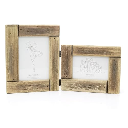 Image of Rustic Folding 2-Aperture Wooden Photo Frame | Free Standing Collage Frame for 6x4 & 5x7 Inch Pictures | Driftwood-Style Hinged Display - 44x26cm
