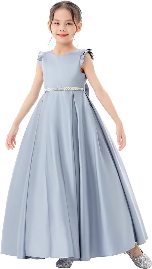 Satin Flower Girl Dress Flying Sleeve V-Back Pageant Dress Holiday Birthday Party Prom Ball Gown with Bow-Knot3
