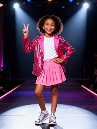 Girls Sequin Blazers Jacket Long Sleeve Notched Lapel Button Down Suit Coat with Pockets4