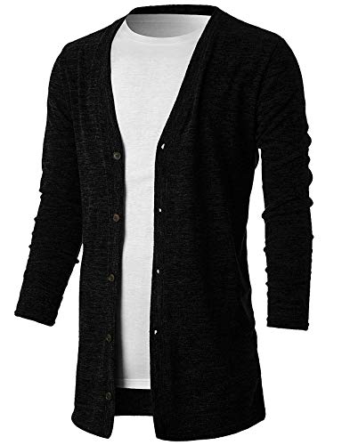 OHOO Mens Slim Fit Casual Knitted Medium-Long Buttons Cardigan Sweater/DCC123-BLACK-M