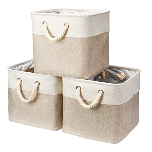Image of Robuy 3 Pack Storage Cube Bins Collapsible Sturdy cationic Fabric Storage Basket with Cotton Rope Handle For Organizing Shelf Nurery Home Colset 13x13x13 inch