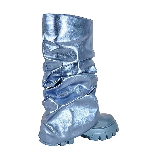 Image of LISHAN Women's Platform Heel Metallic Fold Over Pull on Shark Ruched Boots