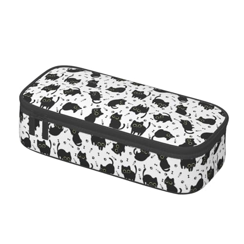 Image of Cute Black Cat Fish Bones Large Pencil Case With Zipper Compartments Stationery Pencil Bag For Kids Teens Students School Supplies