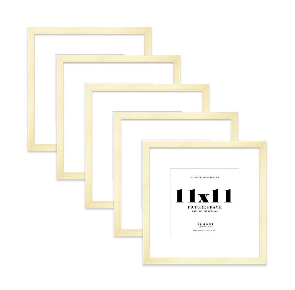11x11 Gold Picture Frame with Mount for 9x9 Photos, Prints - Modern Square Wall Frame, Set of 5