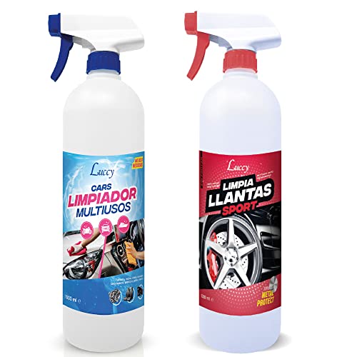 Kit Limpieza Coche | Limpia Llantas + Limpiador Multiusos Interior y Exterior del Vehículo (Tapicería, Salpicadero, Plásticos, etc)