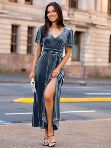 Image of Simplee Women's Velvet Maxi Dress V Neck Short Sleeve Empire Waist Semi Formal Long Cocktail Dresses