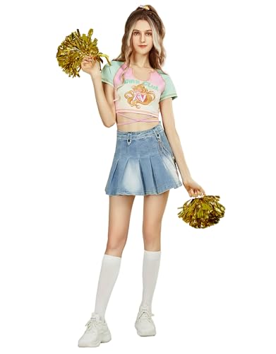 Winx Club Women's Crop Top Flora Crew Neck T-Shirt Cheerleading Outfit Short Sleeve Basic Crop Tank Top Pink and Blue, X-Large