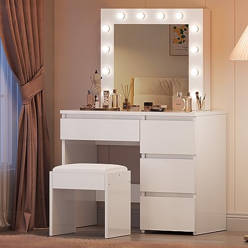 YITAHOME Dressing Table with LED Lights, Vanity Desk with Adjustable Brightness Mirror, Stool