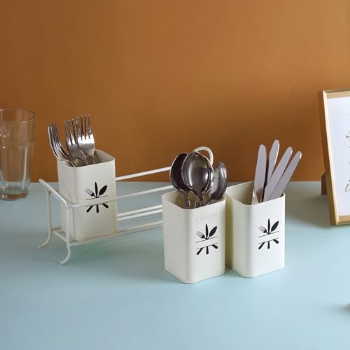 Image of Classyo Metal Cutlery Holder For Dining Table | Cutlery Stand & Spoon Stand for Dining Table Fancy | Spoon Holder for Kitchen Counter Top | Kitchen Cutlery Organizer (10 x 3 x 6 inch) (Ivory)