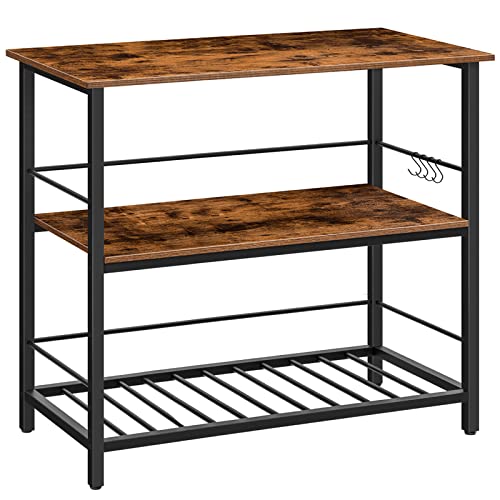 HOOBRO Isla de cocina con mostrador de 3 niveles, estante de cocina industrial con ganchos y rieles protectores, barra de café con estación de trabajo grande, fácil montaje, marrón rústico BF02ZD01