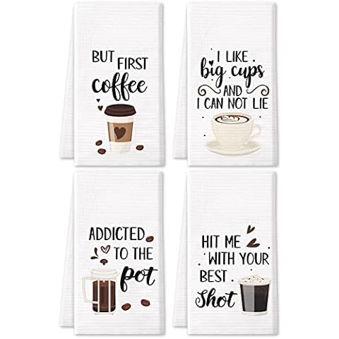 Vansolinne Coffee Kitchen Towels Funny Dish Towels Coffee bar Decor Set of 4 - Decorative Waffle Towels，Funny Hostess Gift,Housewarming Gift,Wedding Shower Gift,Gifts for Mom Cover