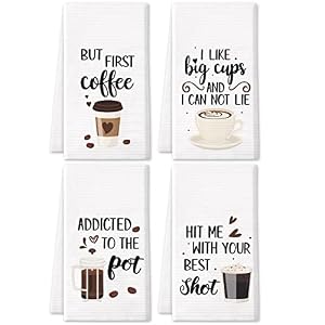 Vansolinne Coffee Kitchen Towels Funny Dish Towels Coffee bar Decor Set of 4 - Decorative Waffle Towels,Funny Hostess Gift,Housewarming Gift,Wedding Shower Gift,Gifts for Mom Vansolinne Coffee Kitchen Towels Funny Dish Towels Coffee bar Decor Set of 4 Decorative Waffle TowelsFunny Hostess GiftHousewarming GiftWedding Shower GiftGifts for Mom