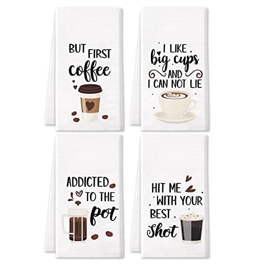 Vansolinne Coffee Kitchen Towels Funny Dish Towels Coffee bar Decor Set of 4 - Decorative Waffle Towels，Funny Hostess Gift,Housewarming Gift,Wedding Shower Gift,Gifts for Mom