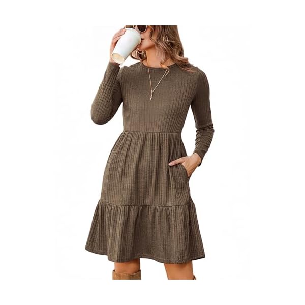 Zeagoo Vestido de Mujer de Manga Larga y Cuello Redondo para Otoño con Bolsillos Elegante Vestidos hasta la Rodilla Invierno