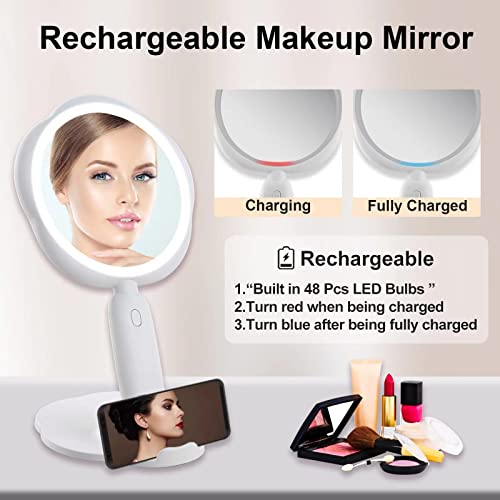 Makeup Mirror With Led Lights, Lighted Vanity Mirror With 5X Magnifying Mirror And Phone Holder,3 Color Dimmable Lighting Tabletop Cosmetic Mirror Portable Handheld Travel Beauty Mirror For Women Gift #TOP4
