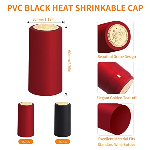 50 Pcs Wine Bottle Cork Stoppers T-Shape Wine Corks With Black Plastic Top, 50 Pcs Black Red Pvc Heat Shrink Capsules, Wine Bottle Seals And Tasting Cork For Wine Making Decor #TOP1