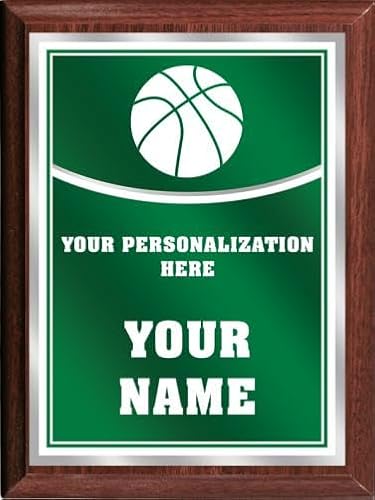 Crown Awards Basketball in Net Personalized Plaque Award, 6x8 Color Printed Metal Plate with Custom Engraving, Green with White Plaque On Wood Finish Prime