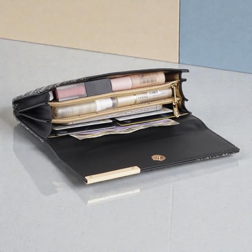 Image of Wallet for Women Girls Stylish Floral Faux Leather with Phone Space Coin Compartment Mobile Storage 4 Card Slots Holder Cash Zip Pockets Hand Clutch for Daily Use Ladies Long Purse (Blacck)