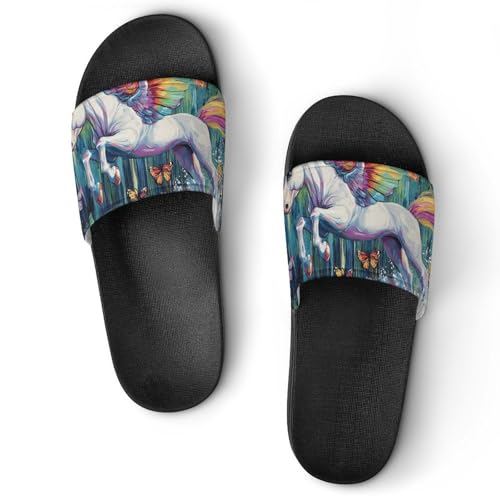Rainbow Unicorm with Wings Men's Bathroom Slippers Shower Indoor Home Beach Outdoor Shoes for Women