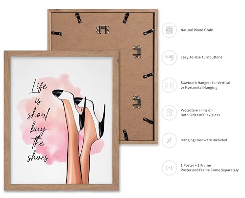 Image of Poster Master Life is Short Buy The Shoes Poster - Fashion Print - Trendy Art - Modern Art - Gift for Her & Fashionista - Luxury Haute Couture Decor for Bedroom or Girls Room, 16x20 Beige Framed