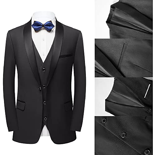 Livezou Men's Formal Tuxedo 3 Piece Slim Fit, Vest Sets Trouser Coat Suit, Black, Large #TOP4