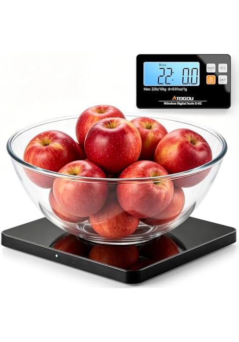 Atogou Wireless Kitchen Scale, 22lb/10kg Food Scale with Detachable Display &amp; Larger Platform, 0....