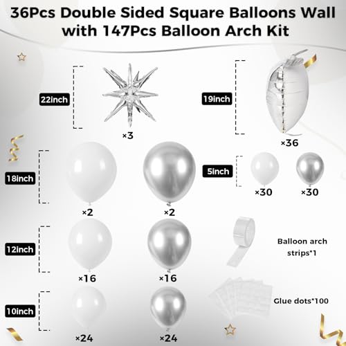 Image of 36pcs White and Silver Square Foil Balloons Wall Backdrop with 147pcs Balloon Garland Arch Kit, Double Sided Balloons for Bachelorette Wedding Birthday Engagement Anniversary Party Decorations