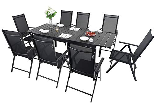 Mfstudio 9 Pieces Outdoor Patio Dining Set With 8 Folding Portable Chairs And 1 Expandable Table, Adjustable High Back Reclining Chairs With Black Sling Fabric Seat #TOP7